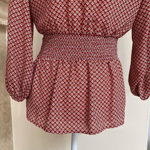 Max Studio Womens S Red Geometric Print 3/4 Balloon Sleeve Tie Front Peplum Hem - Picture 10 of 16
